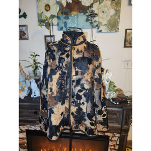 Vintage Coldwater Creek Floral Leaf Reversible Jacket Black Brown Gold Size M